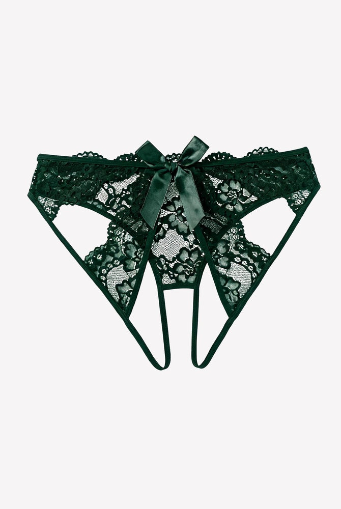 Lace cutout cheeky panty with bow detail, dark green lace with scalloped trim