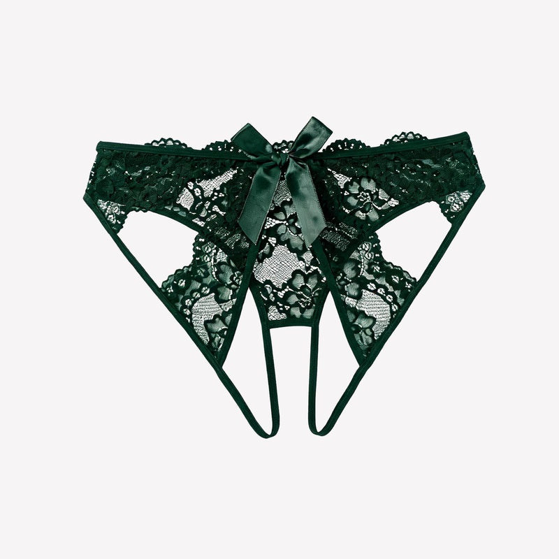 Lace cutout cheeky panty with bow detail, dark green lace with scalloped trim