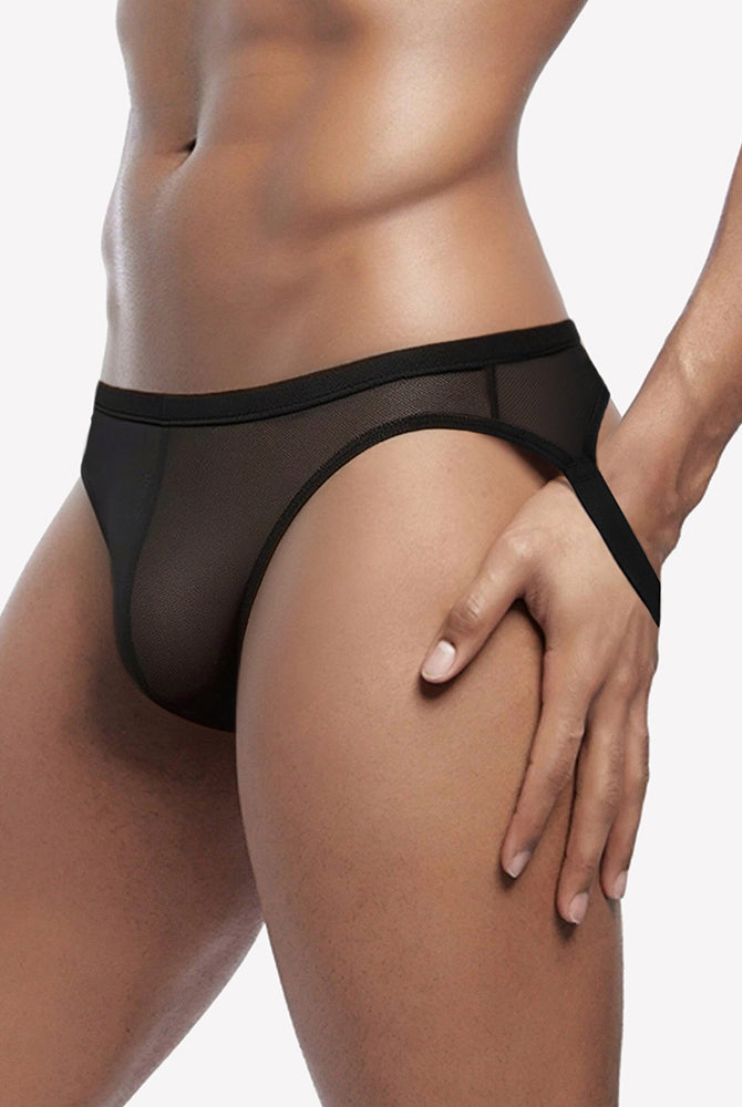 Black breathable mesh jock strap thong underwear with wide elastic waistband