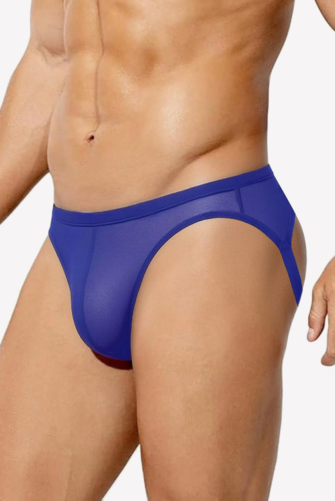 Blue breathable mesh jock strap thong underwear with wide elastic waistband