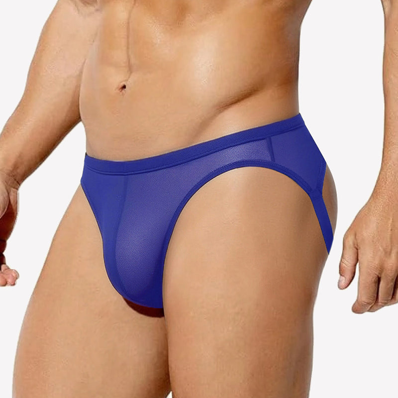Blue breathable mesh jock strap thong underwear with wide elastic waistband