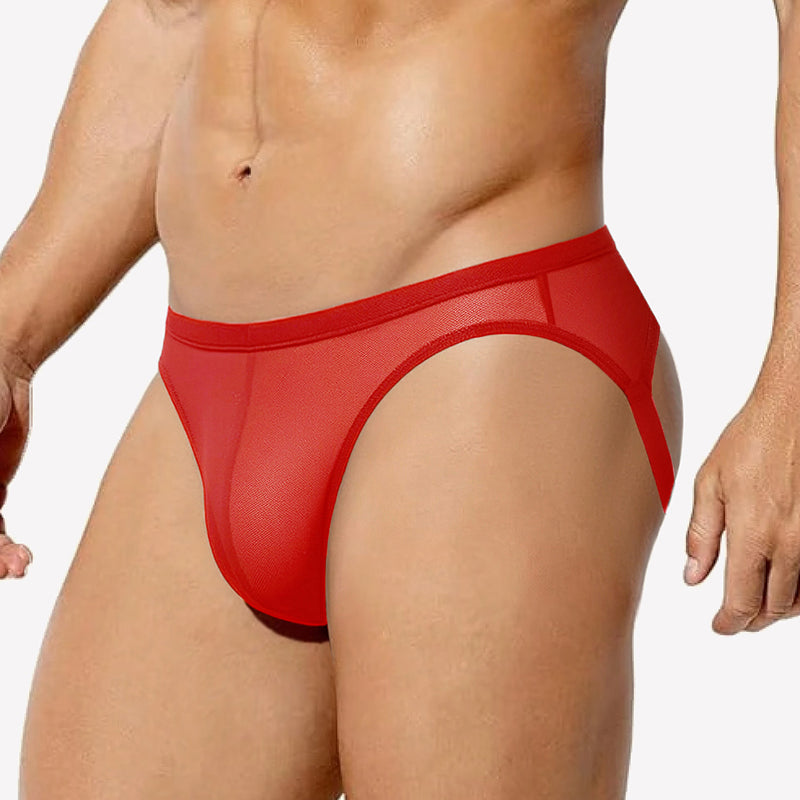Red breathable mesh jock strap thong underwear with wide elastic waistband