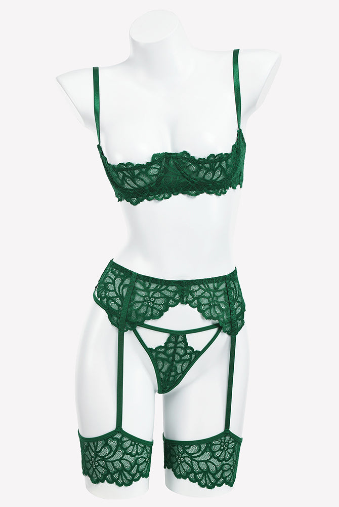 Lace lingerie set with garter belt in green lace bra, garter belt and stockings