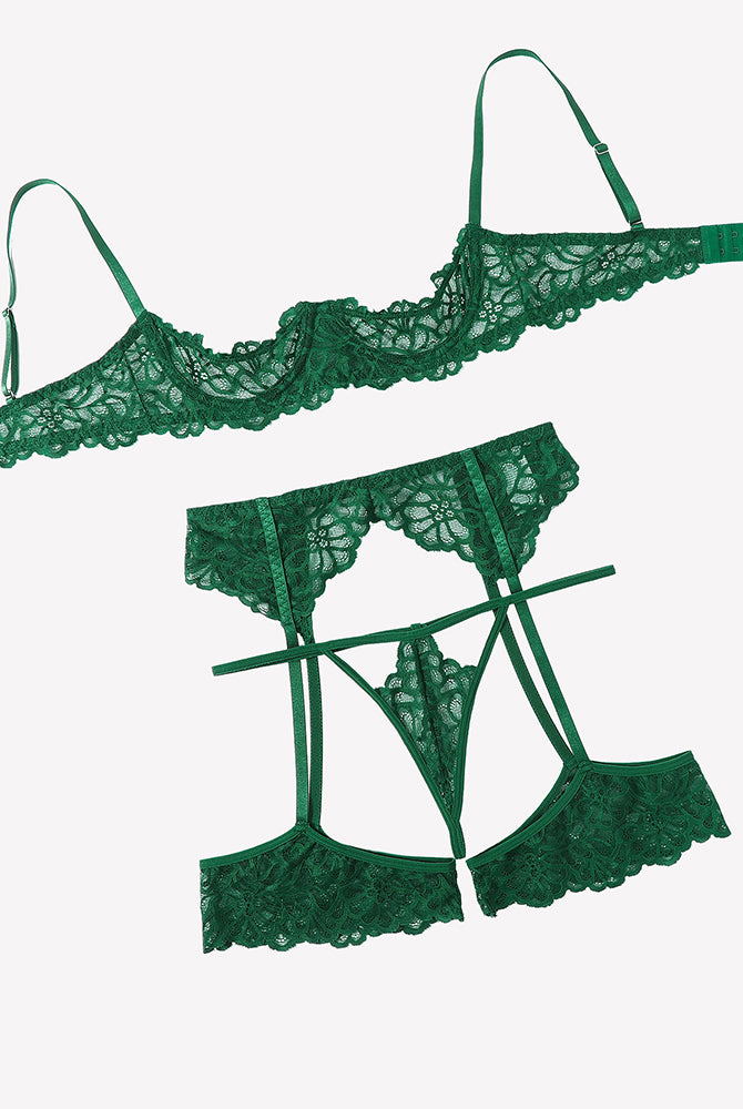 Lace lingerie set with garter belt in green lace bra and garter belt set