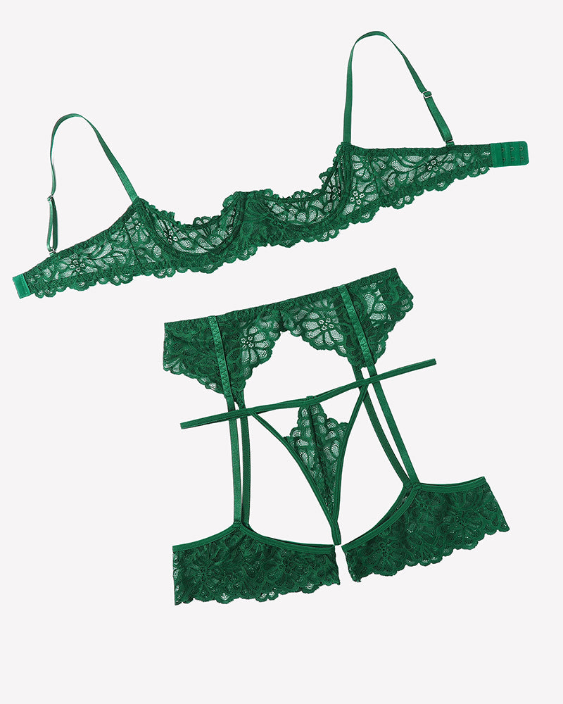 Lace lingerie set with garter belt in green lace bra and garter belt set
