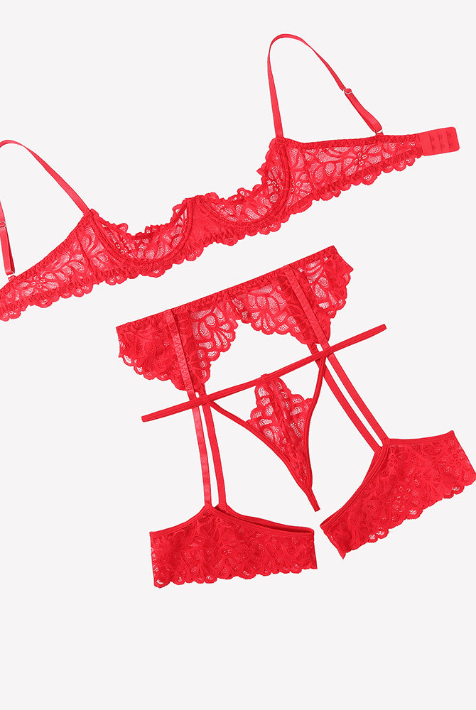 Red lace lingerie set components: bra, thong, garter belt, and thigh straps.