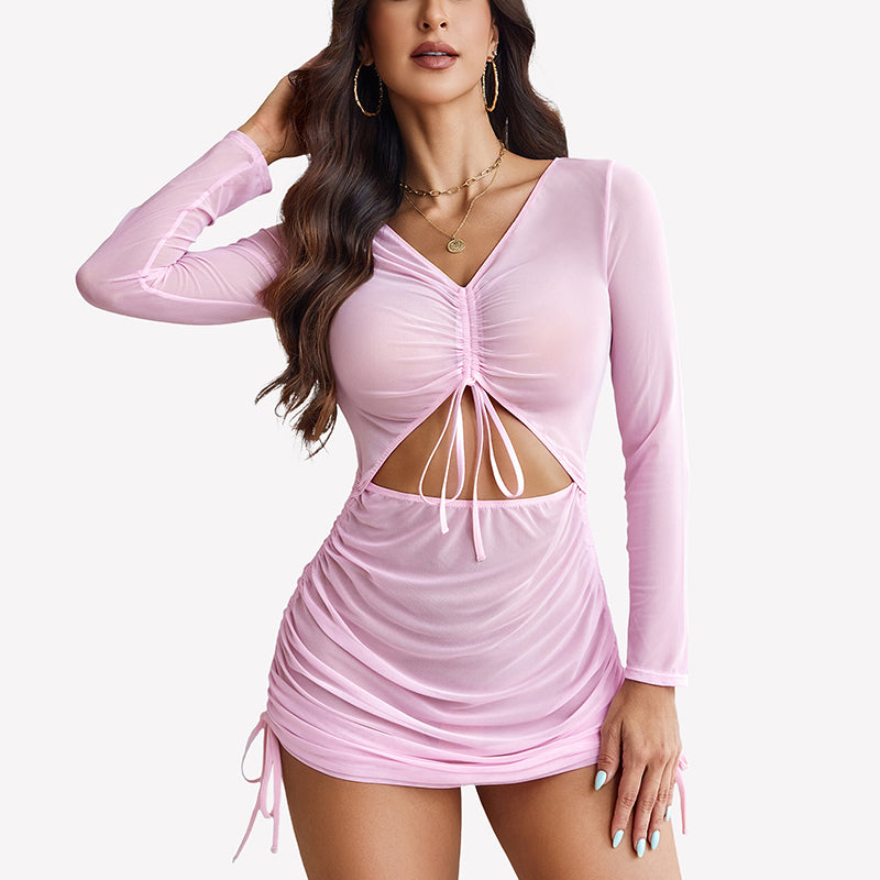 Pink sheer mesh swimsuit cover-up mini dress with long sleeves, ruched body, tie front