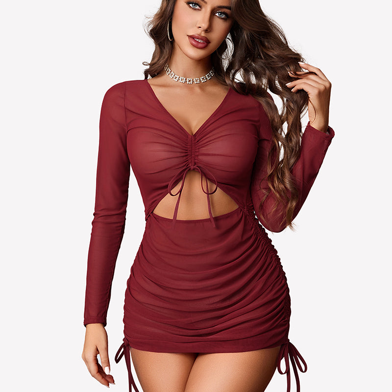 Wine red sheer mesh swimsuit cover-up mini dress with long sleeves and ruched waist ties