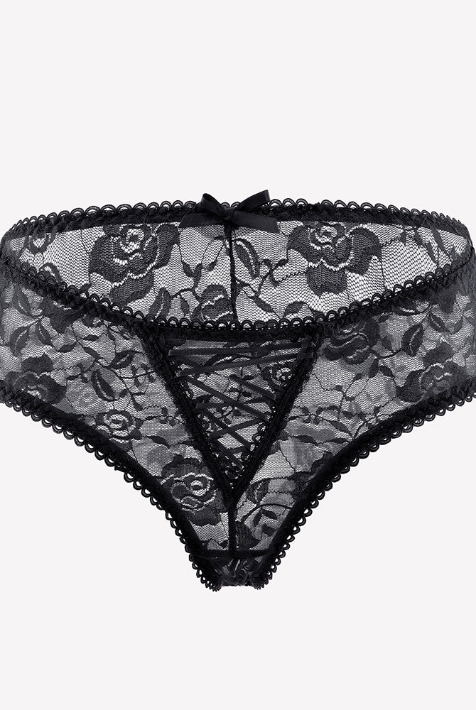Black floral lace boyshort panties with hollow-out center and bow at waistband.
