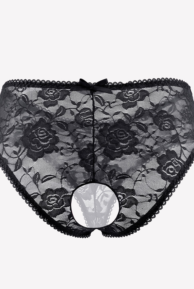 Black floral lace boyshort panties with hollow-out center and scalloped lace edges.