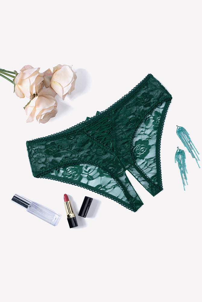 Green floral lace boyshort panties with hollow-out center and scalloped lace edges.