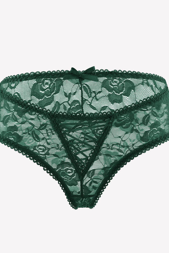Green floral lace boyshort panties with hollow-out center and bow at waistband.