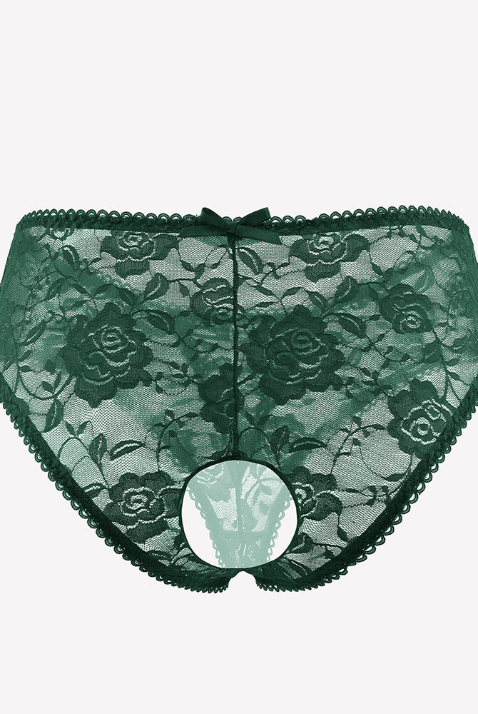 Green floral lace boyshort panties with hollow-out center and scalloped lace trim.