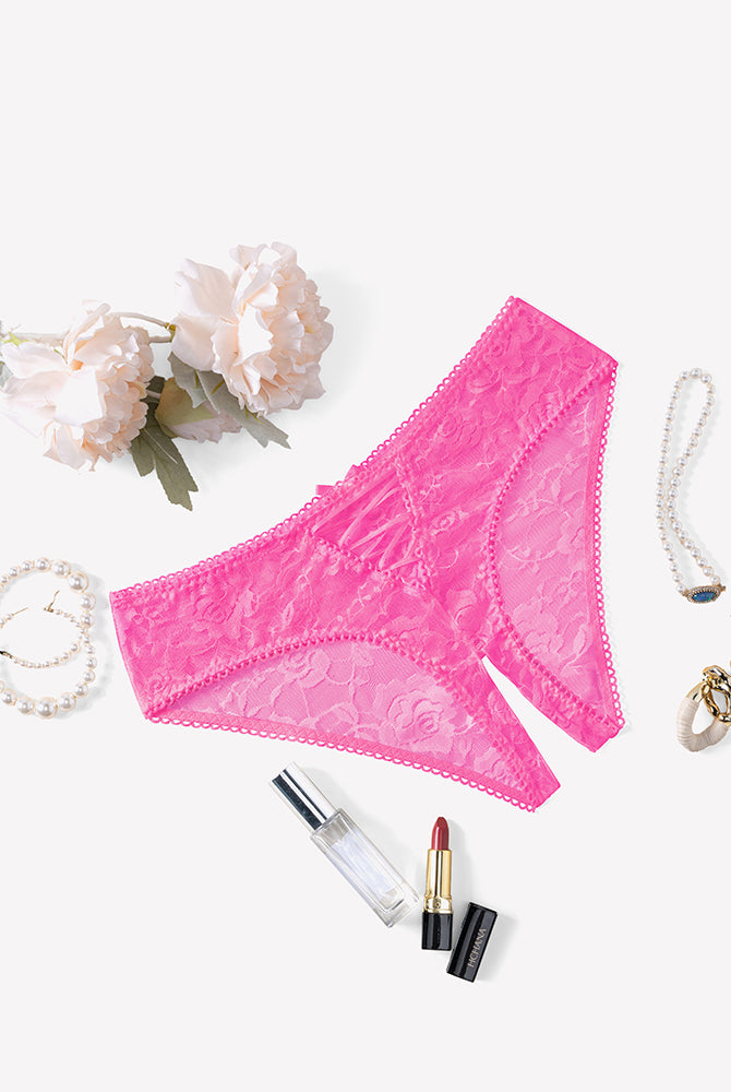 Floral lace boyshort panties in bright pink with scalloped edges and cutout front