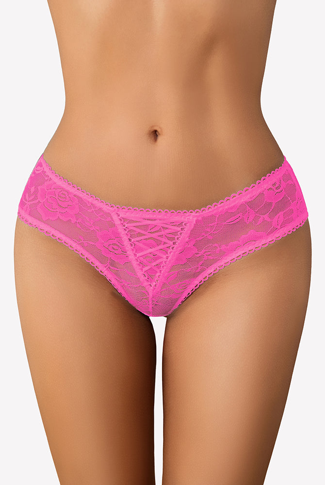 Floral lace boyshort panties in bright pink with scalloped waistband and cutout lace panel