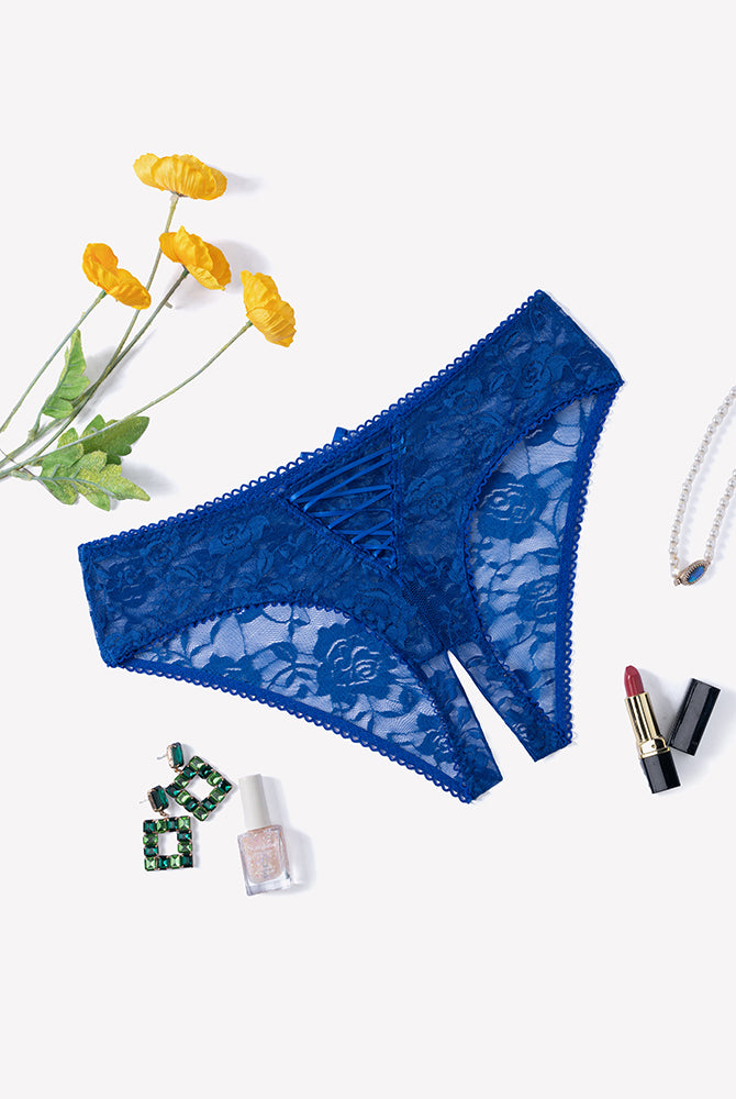 Floral lace boyshort panties in deep blue with scalloped trim and cutout front