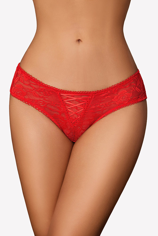 Floral lace boyshort panties in red with scalloped trim and crisscross cutout front