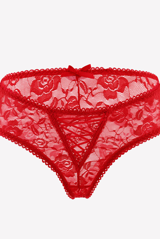 Floral lace boyshort panties in red with scalloped trim and crisscross cutout front