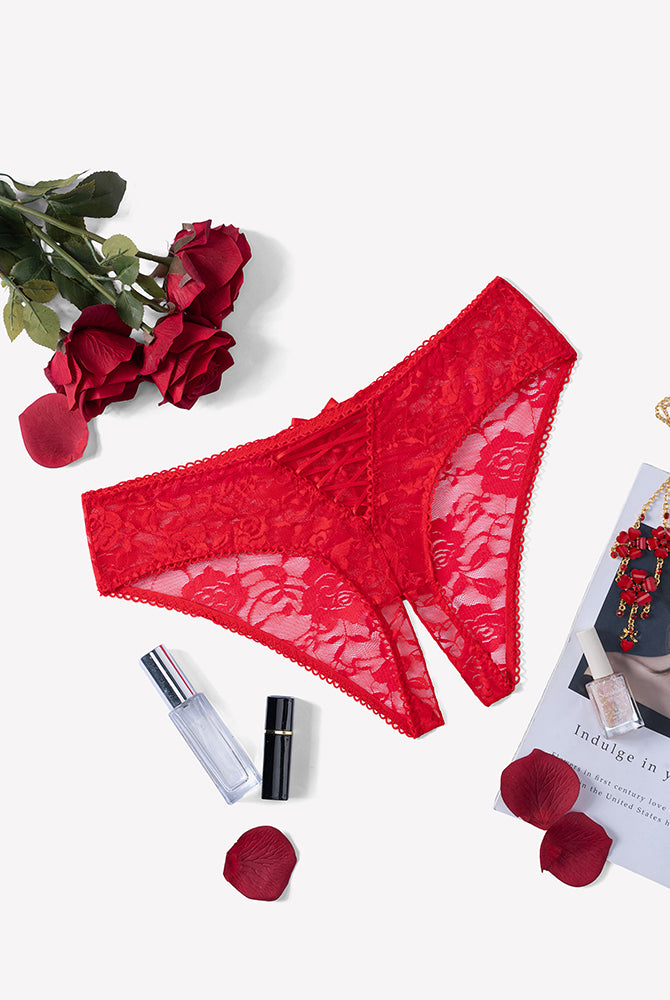 Floral lace boyshort panties in red with scalloped trim and crisscross cutout front