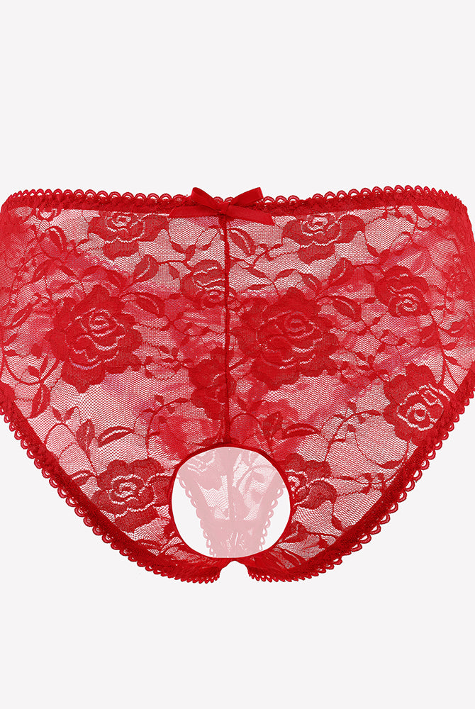 Floral lace boyshort panties, red with sheer floral pattern and lace trim