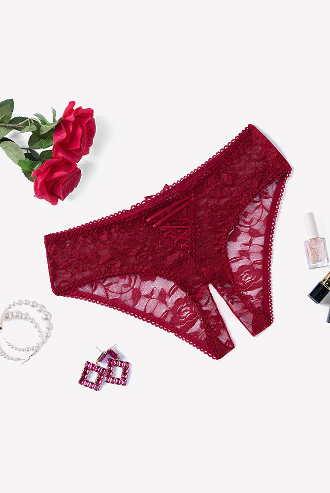 Floral lace boyshort panties, wine red sheer lace with triangular hollow cutout