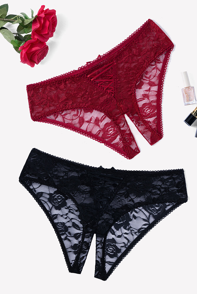 Floral lace boyshort panties, black and burgundy sheer lace with hollow cutouts