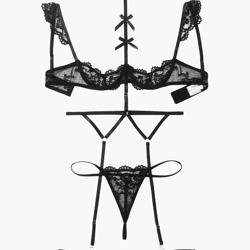 Black lace 4-piece lingerie set layout: bra, garter belt, thong, choker