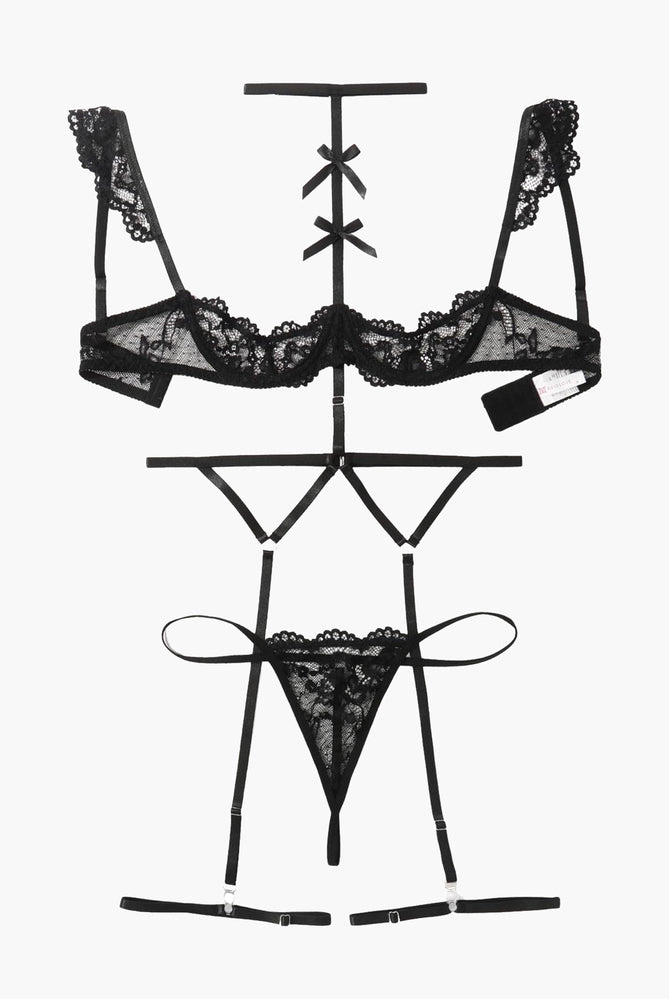 Black lace 4-piece lingerie set layout: bra, garter belt, thong, choker