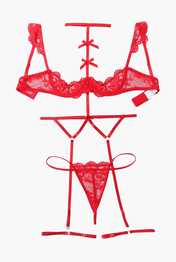 Red lace 4-piece lingerie set layout: bra, garter belt, thong, choker