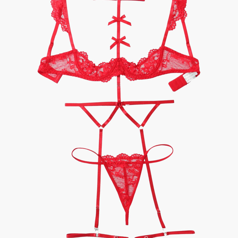 Red lace 4-piece lingerie set layout: bra, garter belt, thong, choker