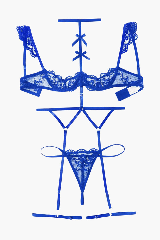 Blue lace lingerie set with lace bra, choker, garter belt, and thong panties