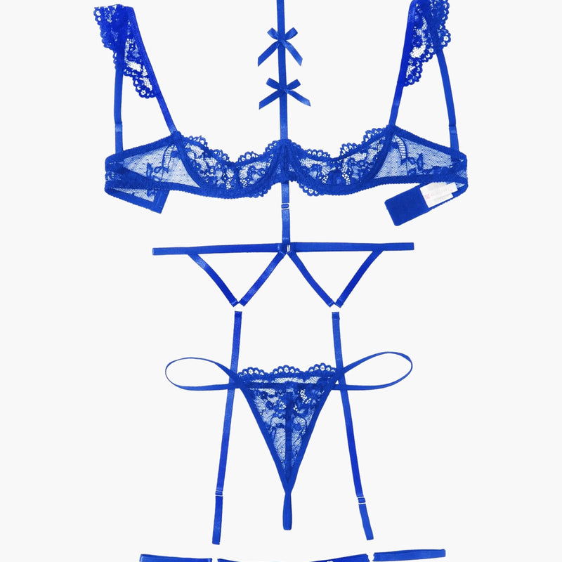 Blue lace lingerie set with lace bra, choker, garter belt, and thong panties