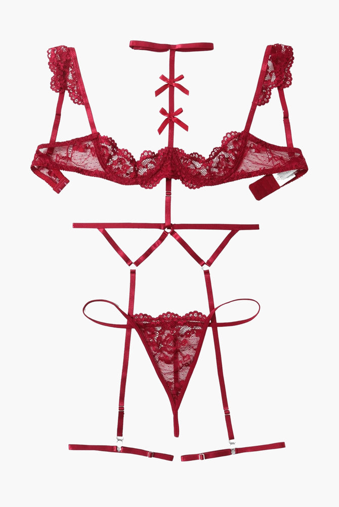 Red lace lingerie set with bra, choker, garter belt, and thong-style panties