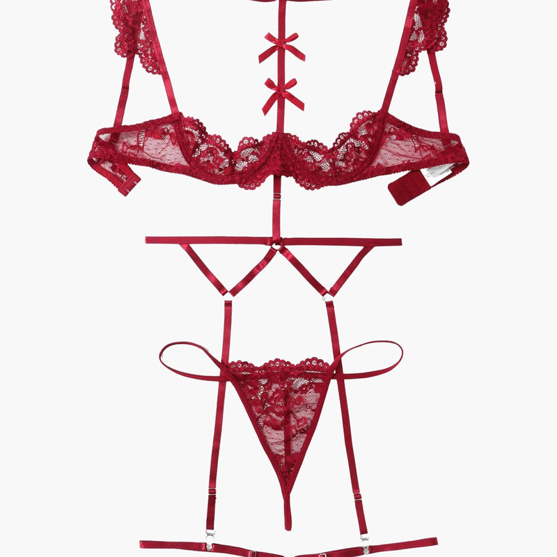 Red lace lingerie set with bra, choker, garter belt, and thong-style panties