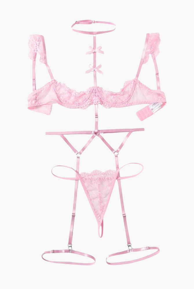 Pink lace 4-piece lingerie set layout: bra, garter belt, thong, choker
