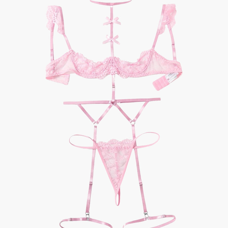 Pink lace 4-piece lingerie set layout: bra, garter belt, thong, choker