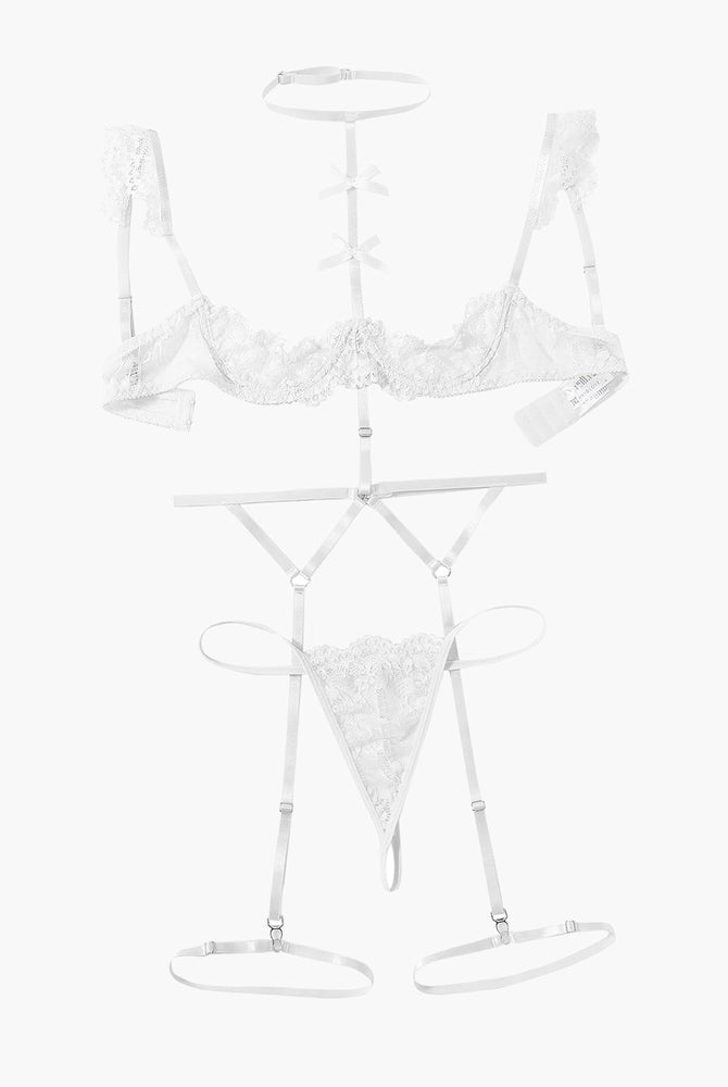 White lace 4-piece lingerie set layout: bra, garter belt, thong, choker