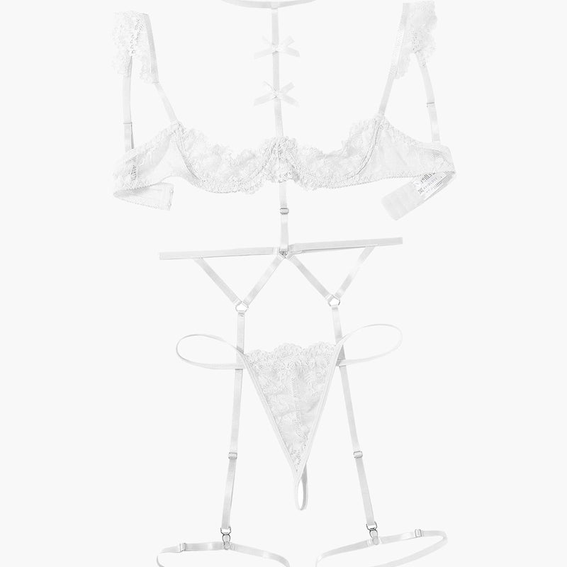 White lace 4-piece lingerie set layout: bra, garter belt, thong, choker