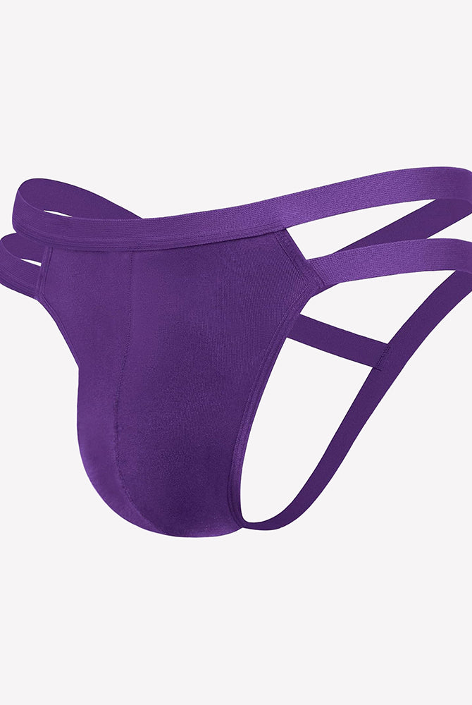 Men's purple jockstrap thong with side cutouts and 3D pouch