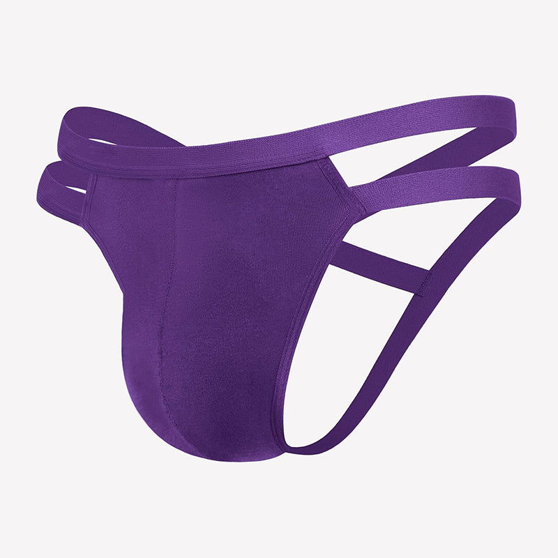 Men's purple jockstrap thong with side cutouts and 3D pouch