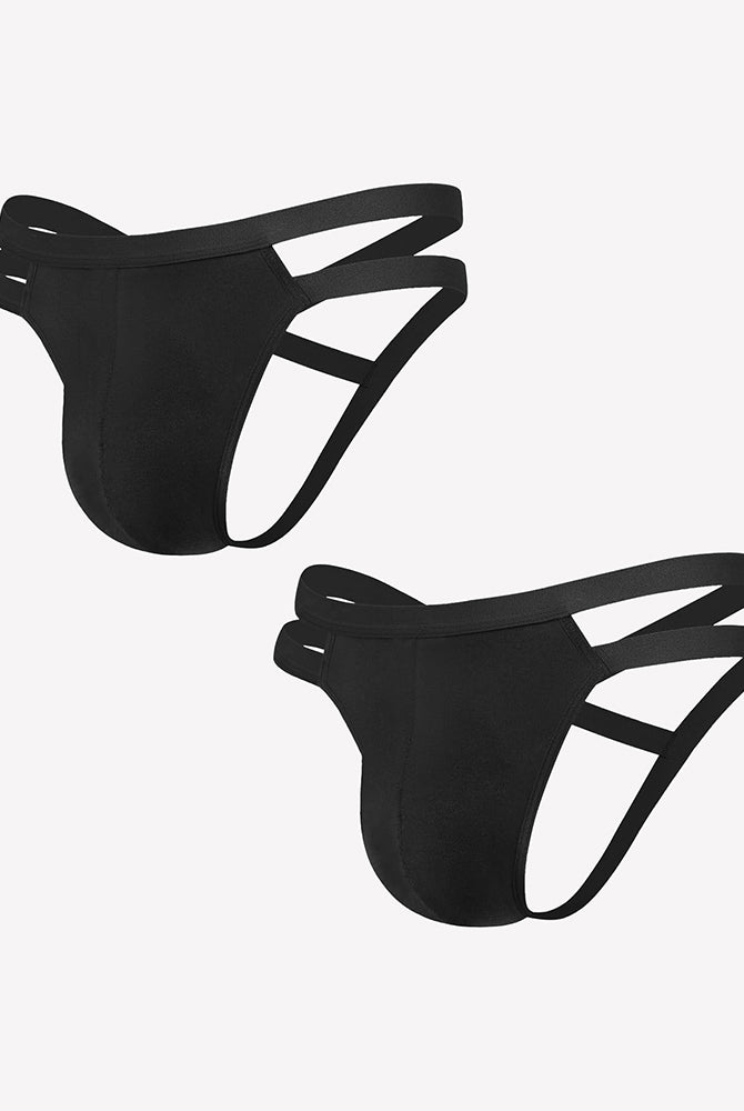 Men's black jockstrap thong with white side cutouts and 3D pouch