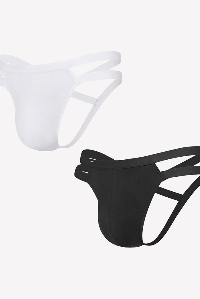 Two-pack men's jockstrap thongs: white and black with side cutouts and 3D pouch