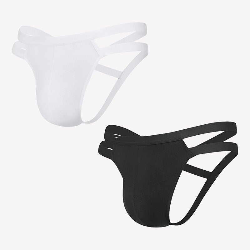Two-pack men's jockstrap thongs: white and black with side cutouts and 3D pouch