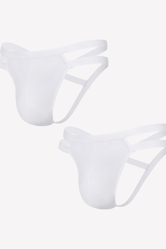 Two-pack men's white jockstrap thongs with side cutouts and 3D pouch