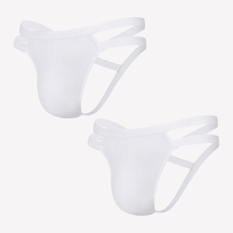 Two-pack men's white jockstrap thongs with side cutouts and 3D pouch
