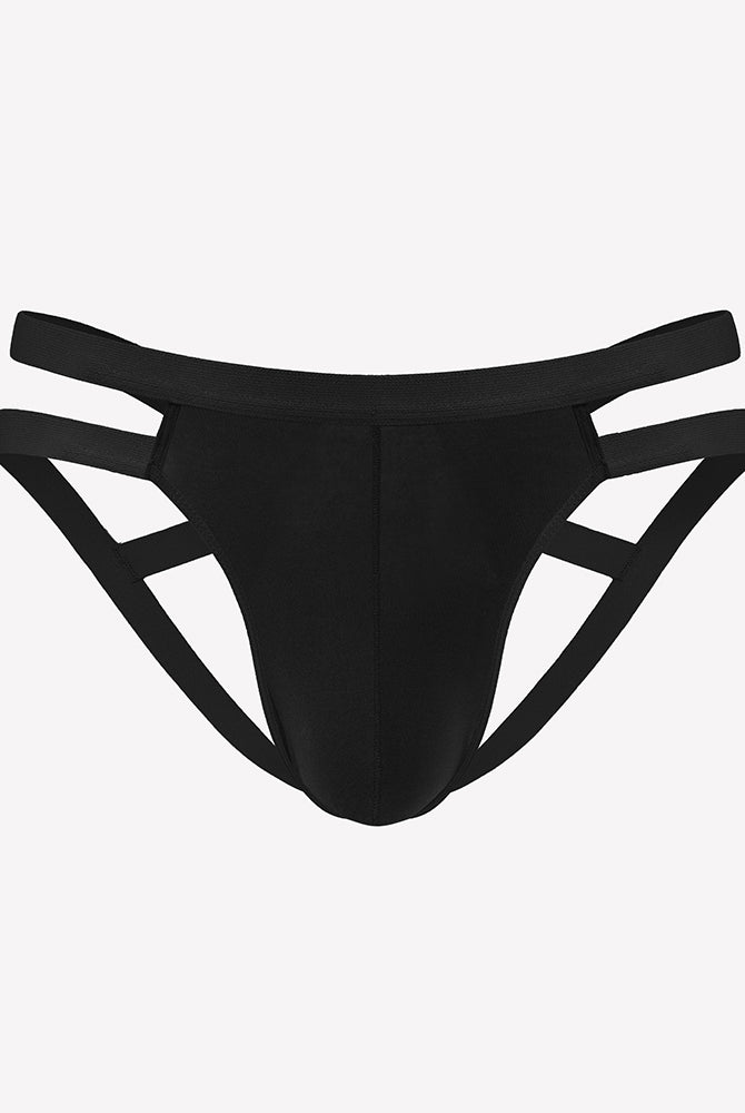 Men's black jockstrap thong with crisscross side openings and 3D pouch