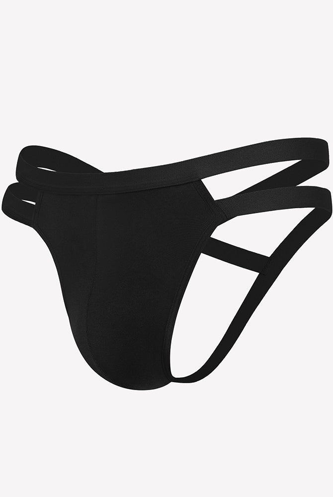 Men's black jockstrap thong with side cutouts and 3D pouch