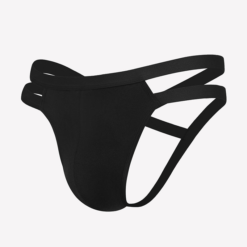 Men's black jockstrap thong with side cutouts and 3D pouch
