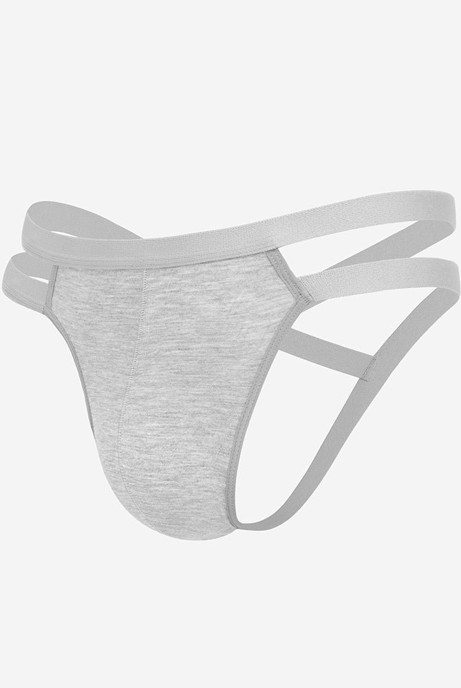 Men's gray jockstrap thong with side cutouts and 3D pouch