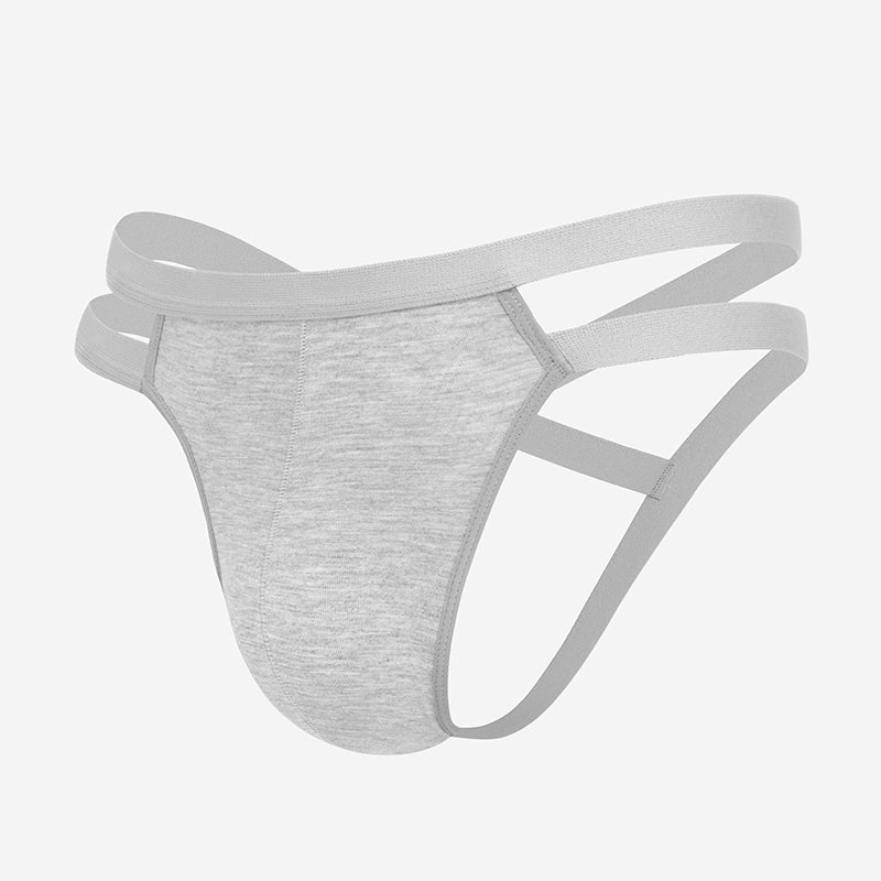 Men's gray jockstrap thong with side cutouts and 3D pouch